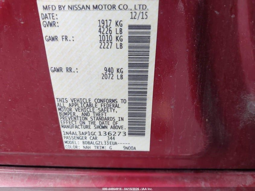 2016 Nissan Altima 2.5/2.5 S/2.5 Sl/2.5 Sr/2.5 Sv VIN: 1N4AL3AP1GC136273 Lot: 44864916