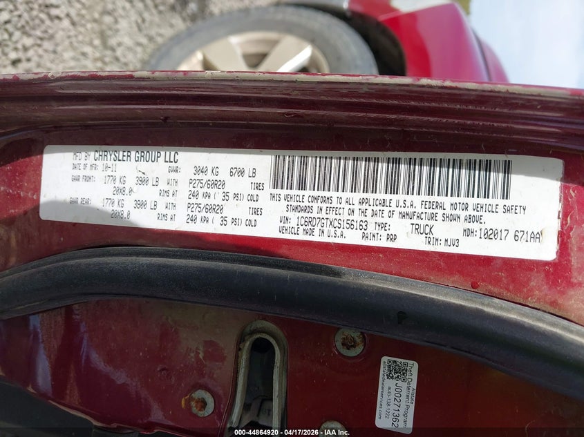 2012 Ram 1500 5.7 Ram Slt red Lot 111044864920 Vin 1C6RD7GTXCS156163