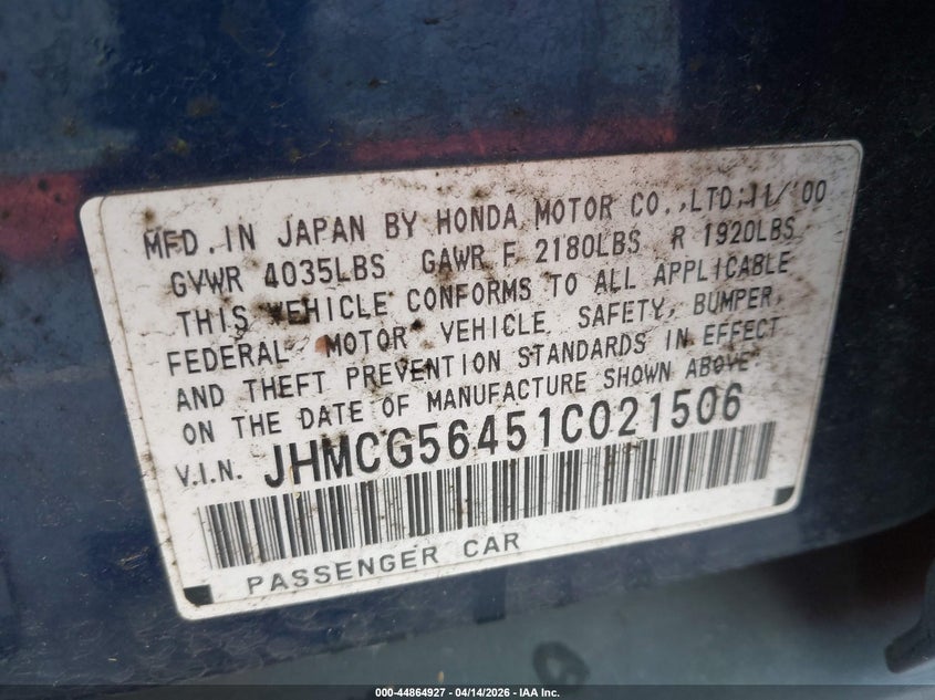 2001 Honda Accord 2.3 Lx VIN: JHMCG56451C021506 Lot: 44864927