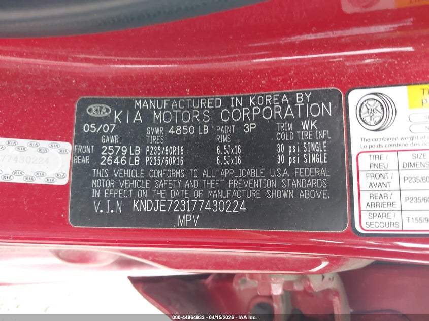 2007 Kia Sportage Lx V6 VIN: KNDJE723177430224 Lot: 44864933