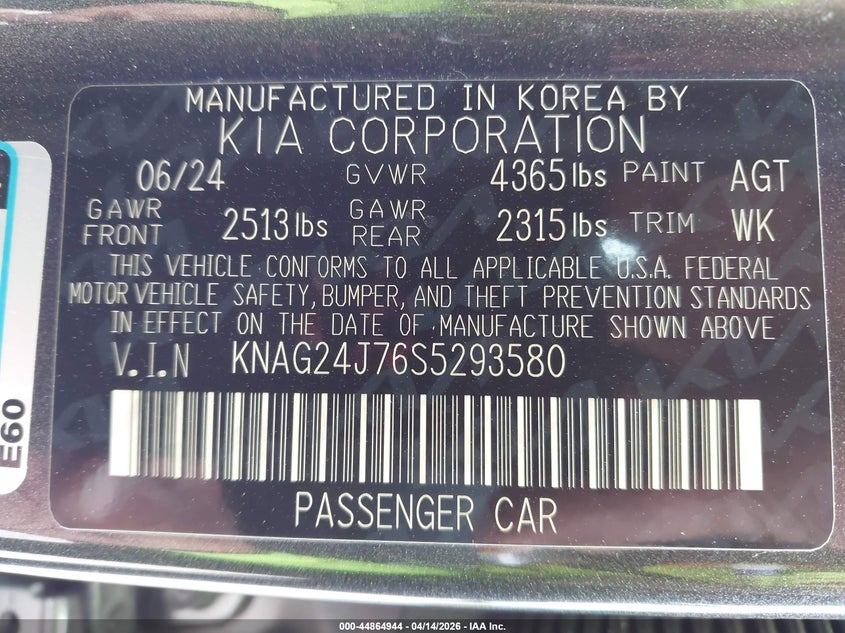 2025 Kia K5 Lxs VIN: KNAG24J76S5293580 Lot: 44864944