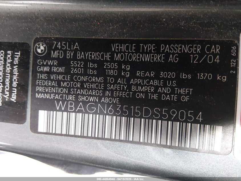 2005 BMW 745Li VIN: WBAGN63515DS59054 Lot: 44864946