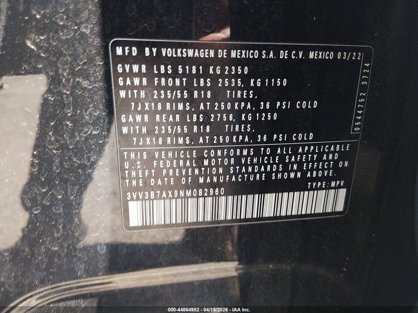 2022 Volkswagen Tiguan 2.0T Se VIN: 3VV3B7AX9NM082960 Lot: 44864952