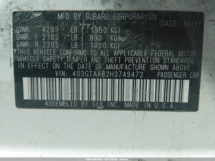 2017 Subaru Impreza 2.0I VIN: 4S3GTAA62H3749472 Lot: 44864959