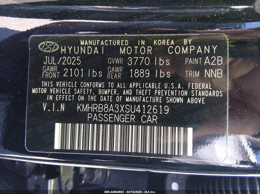 2025 Hyundai Venue Se VIN: KMHRB8A3XSU412619 Lot: 44864963