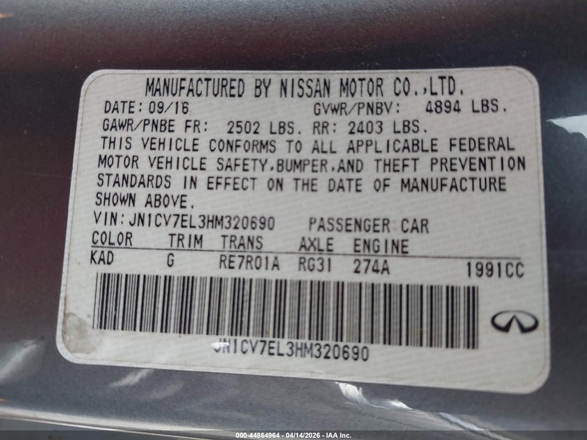 2017 Infiniti Q60 2.0T Premium VIN: JN1CV7EL3HM320690 Lot: 44864964