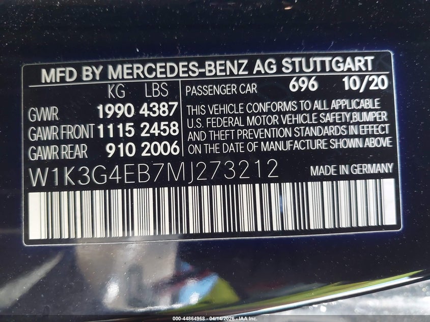 2021 Mercedes-Benz A 220 VIN: W1K3G4EB7MJ273212 Lot: 44864968