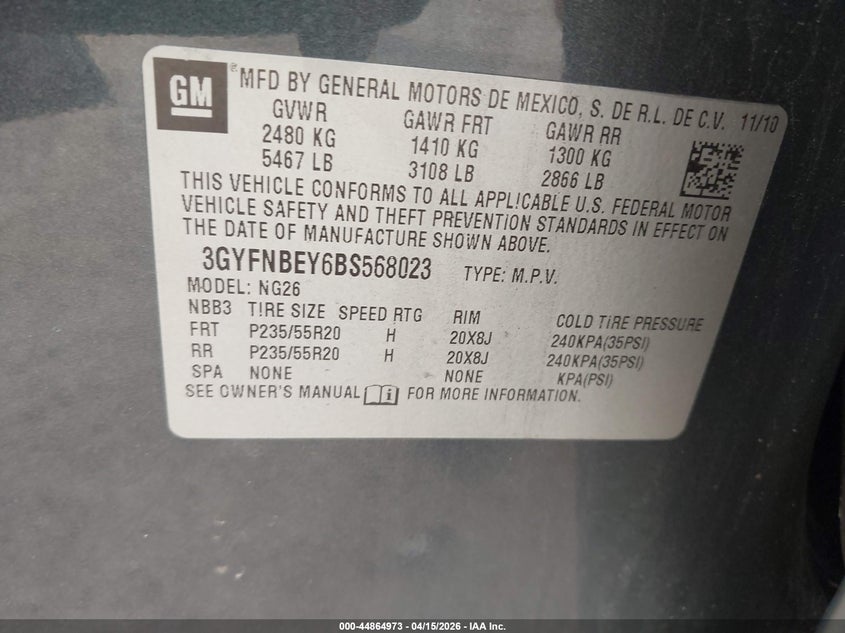 2011 Cadillac Srx Performance Collection VIN: 3GYFNBEY6BS568023 Lot: 44864973