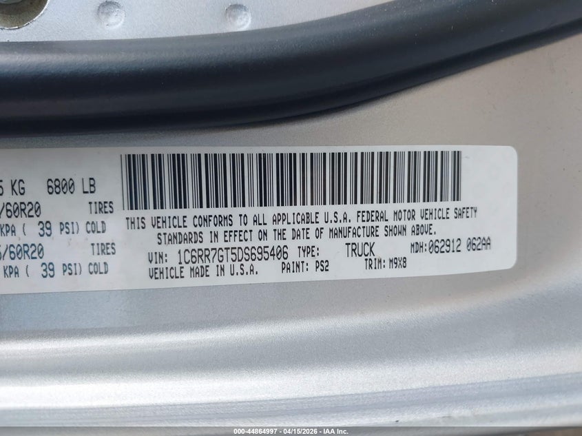 2013 Ram 1500 Slt VIN: 1C6RR7GT5DS695406 Lot: 44864997