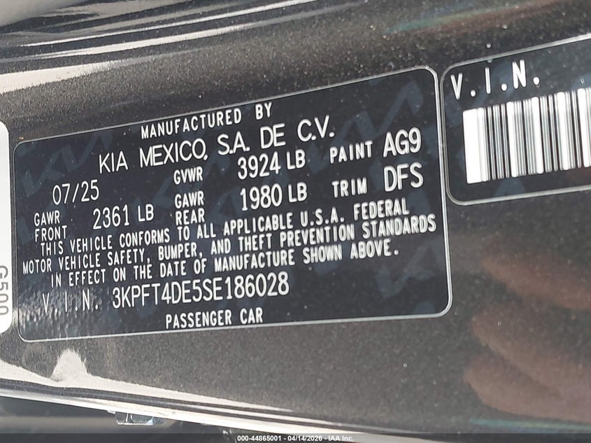 2025 Kia K4 Lxs VIN: 3KPFT4DE5SE186028 Lot: 44865001