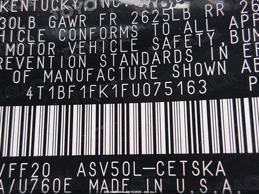 2015 Toyota Camry Se VIN: 4T1BF1FK1FU075163 Lot: 44865004