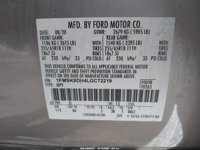 2020 Ford Explorer Xlt VIN: 1FMSK8DH4LGC72219 Lot: 44865021