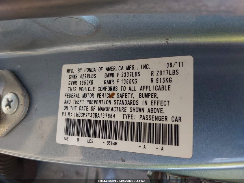 2011 Honda Accord 2.4 Lx VIN: 1HGCP2F33BA137664 Lot: 44865024