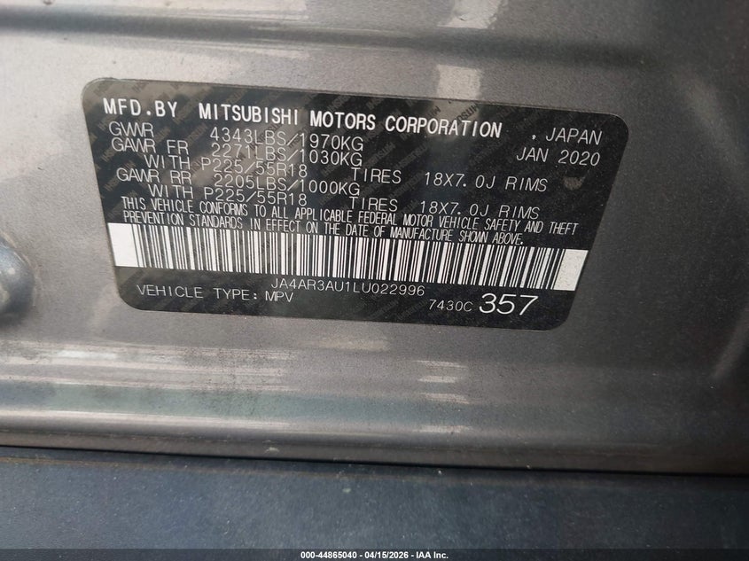 2020 Mitsubishi Outlander Sport 2.0 Be Awc/2.0 Es Awc/2.0 Se Awc/2.0 Sp Awc VIN: JA4AR3AU1LU022996 Lot: 44865040