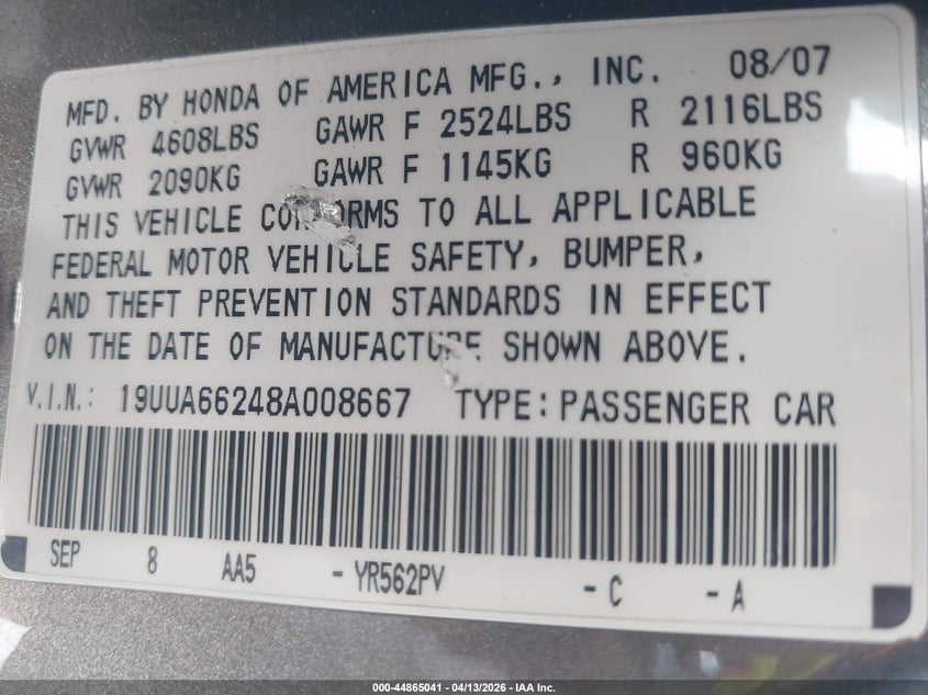 2008 Acura Tl 3.2 VIN: 19UUA66248A008667 Lot: 44865041