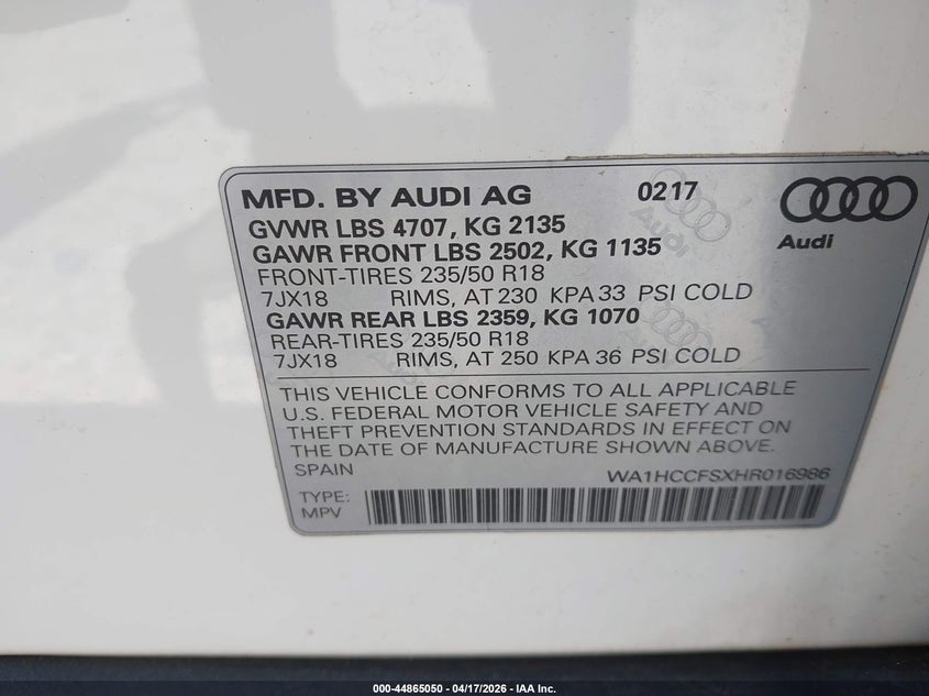 2017 Audi Q3 2.0T Premium VIN: WA1HCCFSXHR016986 Lot: 44865050