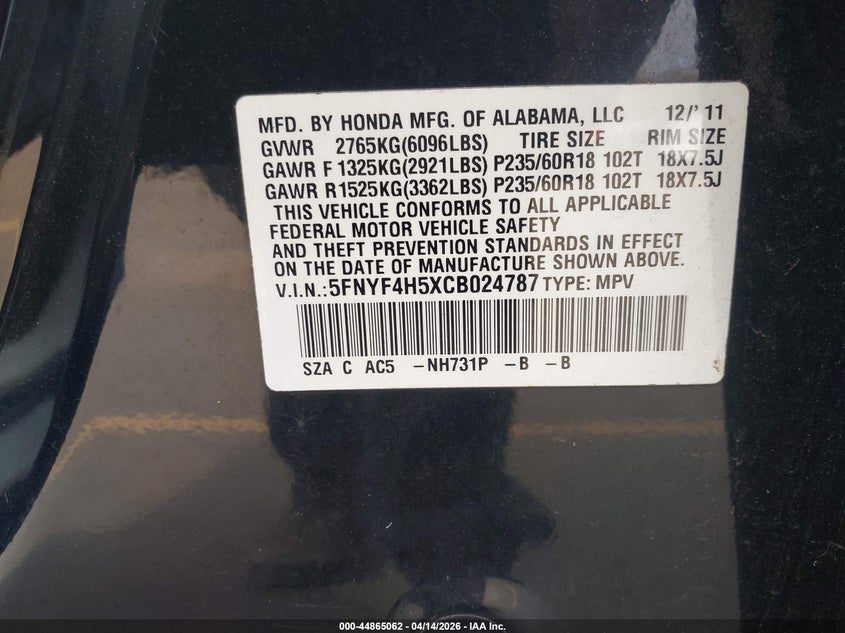 2012 Honda Pilot Ex-L VIN: 5FNYF4H5XCB024787 Lot: 44865062