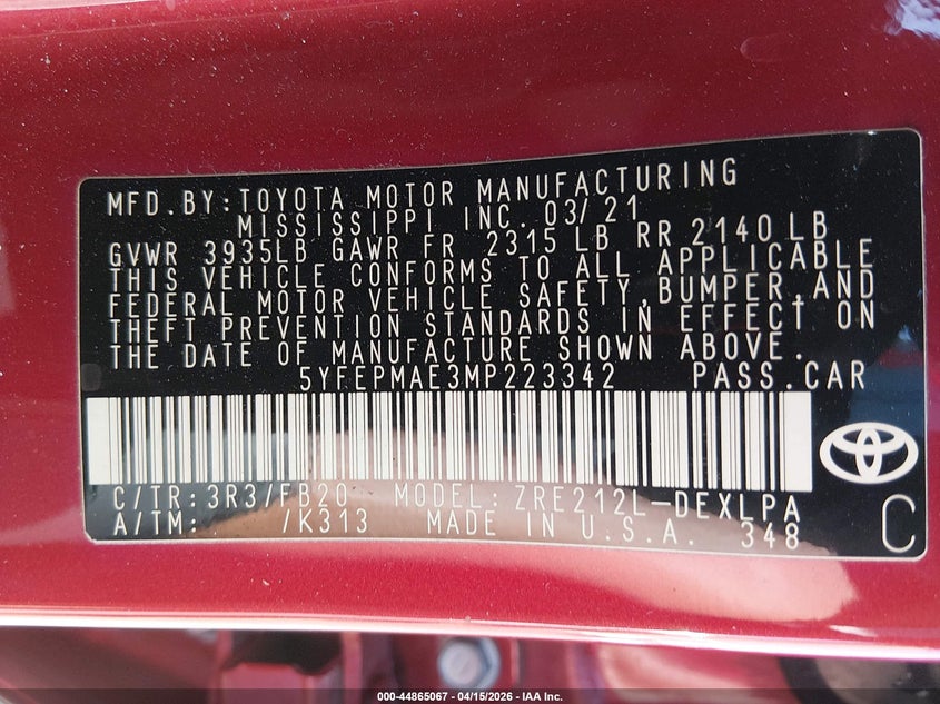 2021 Toyota Corolla Le VIN: 5YFEPMAE3MP223342 Lot: 44865067