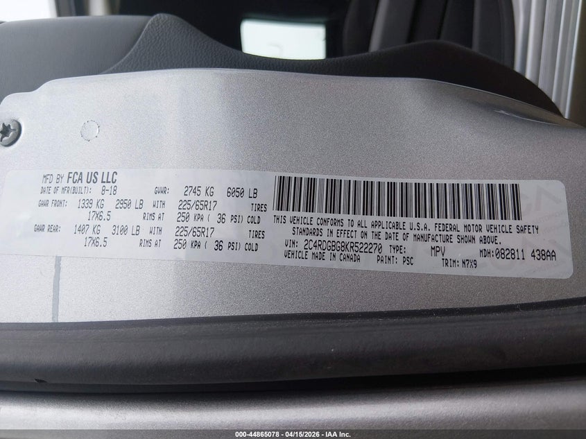 2019 Dodge Grand Caravan Se Plus VIN: 2C4RDGBG8KR522270 Lot: 44865078