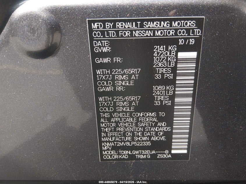 2020 Nissan Rogue Sv Intelligent Awd VIN: KNMAT2MV8LP522335 Lot: 44865079