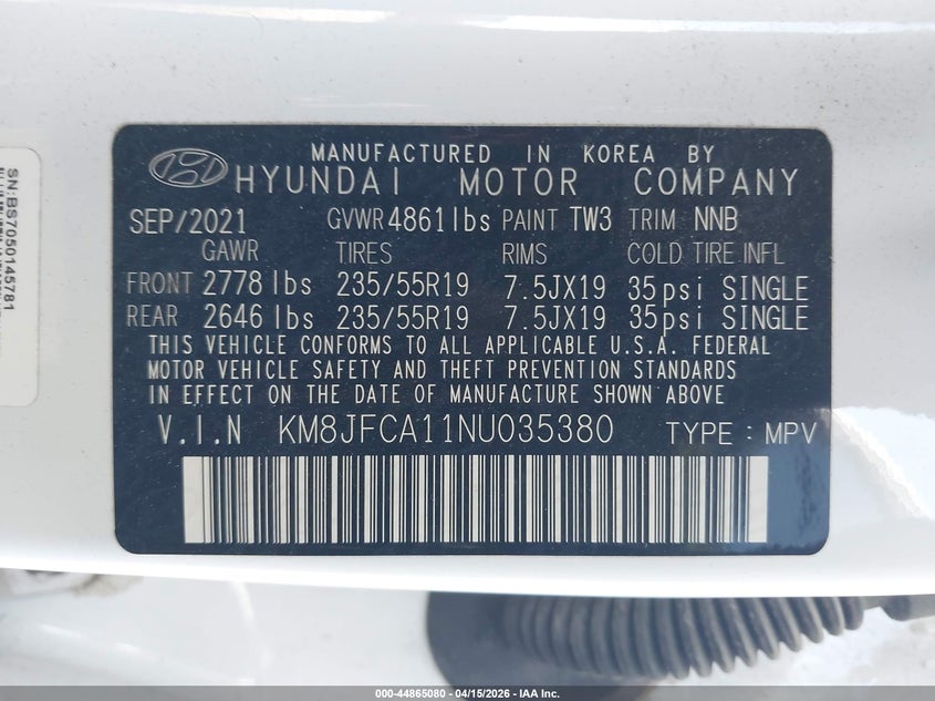 2022 Hyundai Tucson Hybrid Sel Convenience VIN: KM8JFCA11NU035380 Lot: 44865080