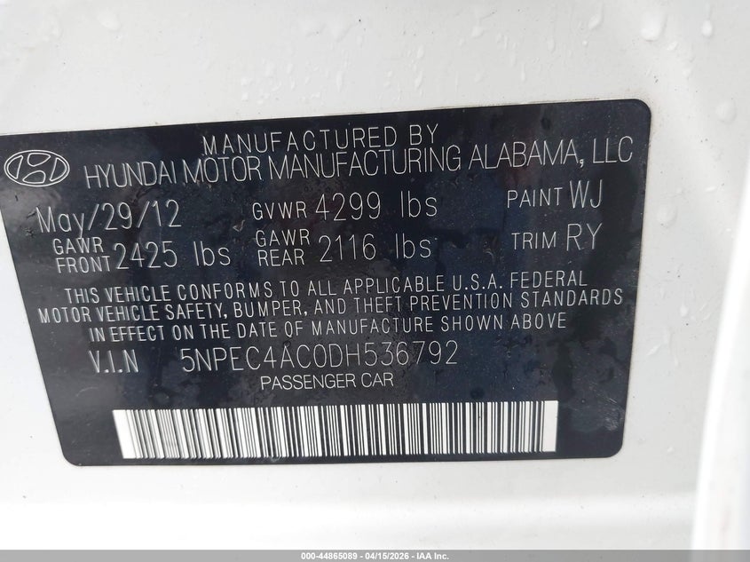 2013 Hyundai Sonata Limited VIN: 5NPEC4AC0DH536792 Lot: 44865089