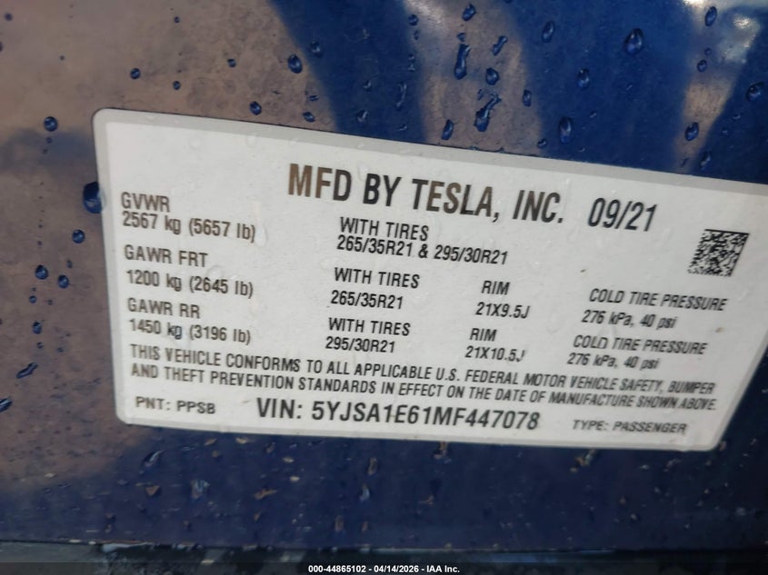 5YJSA1E61MF447078 2021 Tesla Model s Plaid Tri Motor All-Wheel Drive blue
