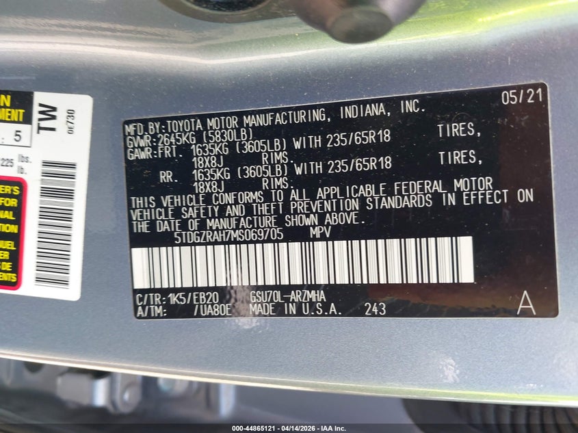 2021 Toyota Highlander Xle VIN: 5TDGZRAH7MS069705 Lot: 44865121