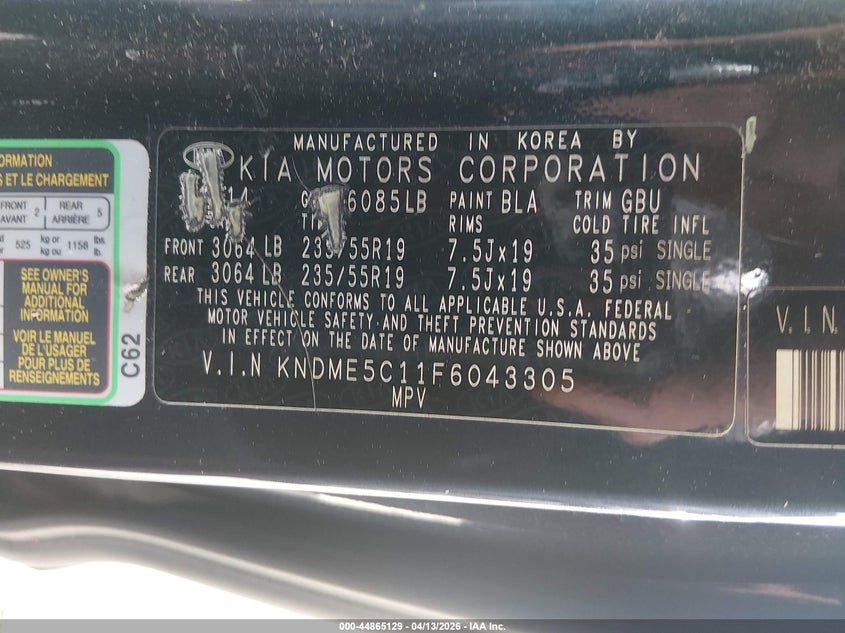 2015 Kia Sedona Sx Luxury VIN: KNDME5C11F6043305 Lot: 44865129