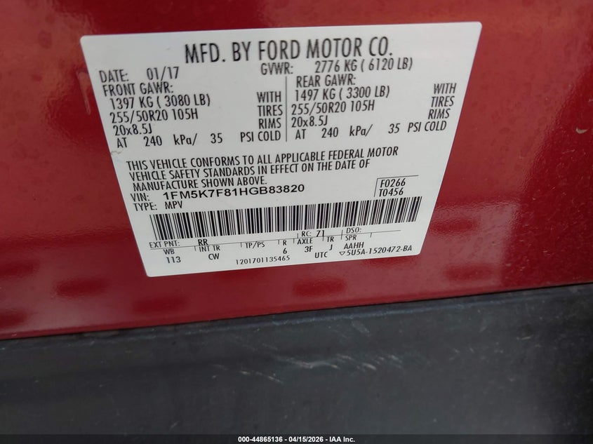1FM5K7F81HGB83820 2017 Ford Explorer 3.5 Limited Red