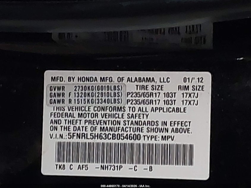 2012 Honda Odyssey Ex-L VIN: 5FNRL5H63CB054600 Lot: 44865178