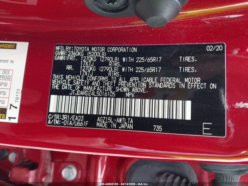 2020 Lexus Nx 300 VIN: JTJDARDZ4L5016105 Lot: 44865186