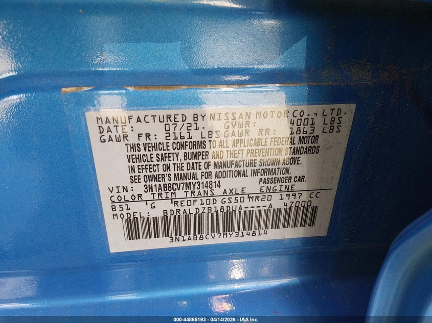 2021 Nissan Sentra Sv Xtronic Cvt VIN: 3N1AB8CV7MY314814 Lot: 44865193