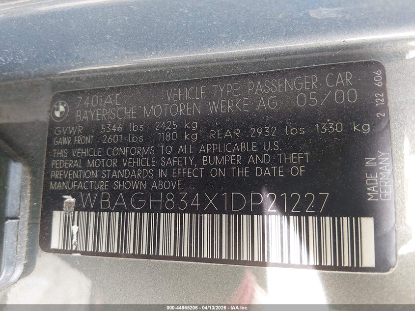 2001 BMW 740Il VIN: WBAGH834X1DP21227 Lot: 44865206