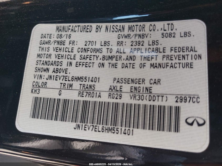 2017 Infiniti Q60 3.0T Premium VIN: JN1EV7EL6HM551401 Lot: 44865225