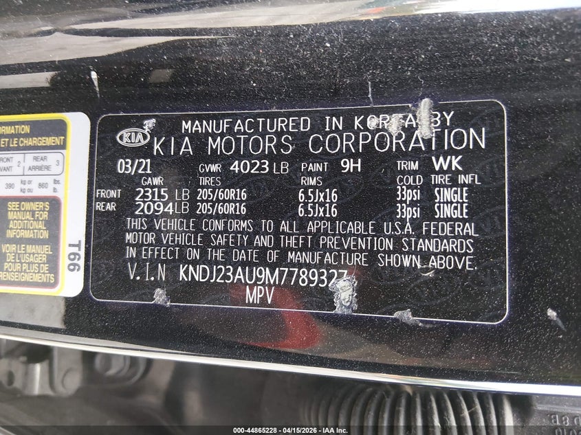 2021 Kia Soul Lx VIN: KNDJ23AU9M7789327 Lot: 44865228