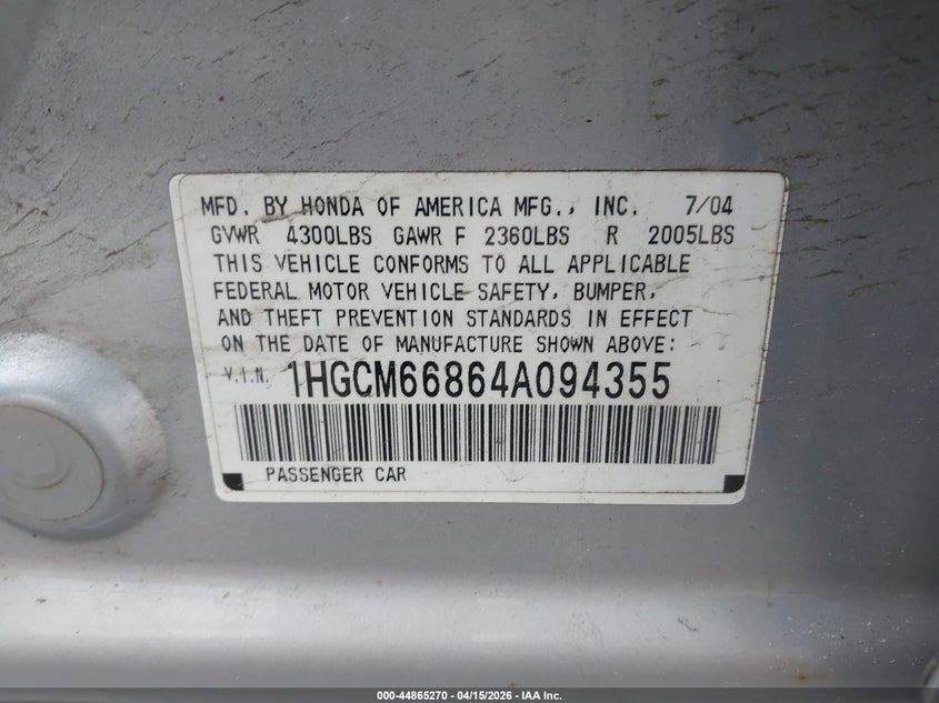 2004 Honda Accord 3.0 Ex VIN: 1HGCM66864A094355 Lot: 44865270