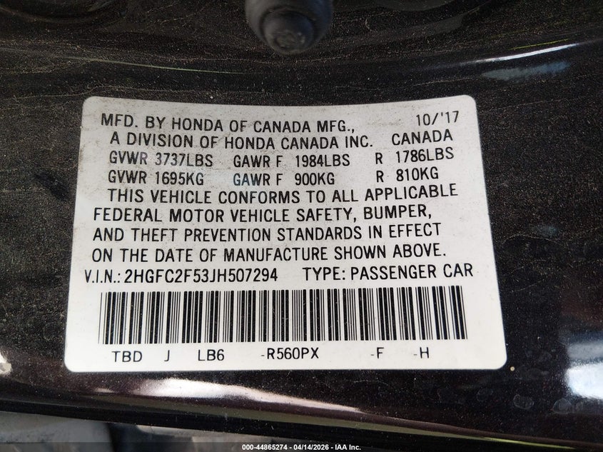 2018 Honda Civic 2.0 Lx black Lot 111044865274 Vin 2HGFC2F53JH507294