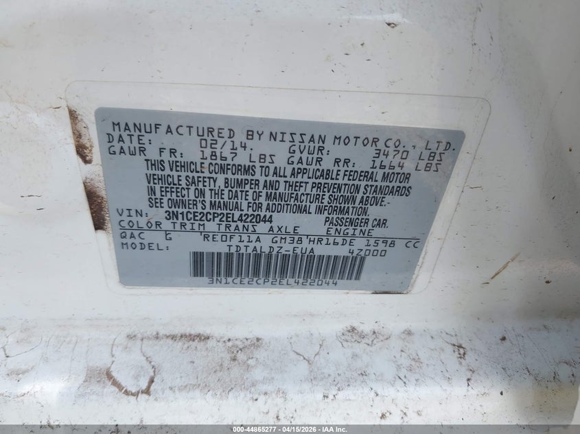 2014 Nissan Versa Note S (Sr)/S Plus/Sv VIN: 3N1CE2CP2EL422044 Lot: 44865277