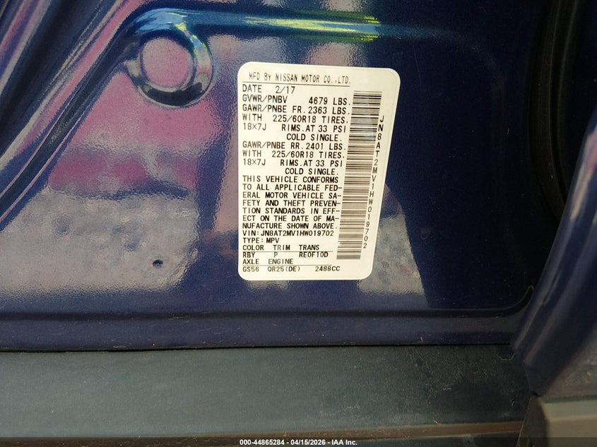 2017 Nissan Rogue Sl VIN: JN8AT2MV1HW019702 Lot: 44865284