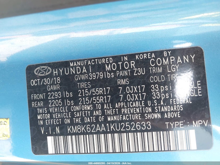 2019 Hyundai Kona Sel VIN: KM8K62AA1KU252633 Lot: 44865295