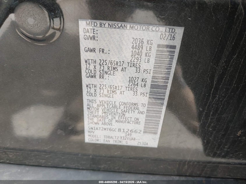 2016 Nissan Rogue Sv VIN: 5N1AT2MT6GC812662 Lot: 44865298