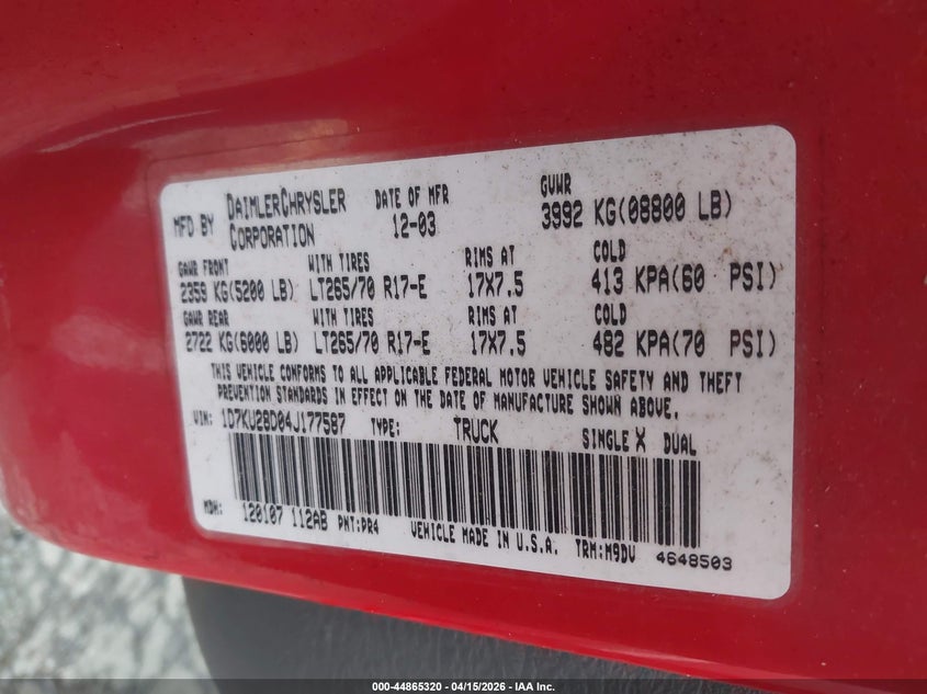 2004 Dodge Ram 2500 Slt/Laramie VIN: 1D7KU28D04J177587 Lot: 44865320