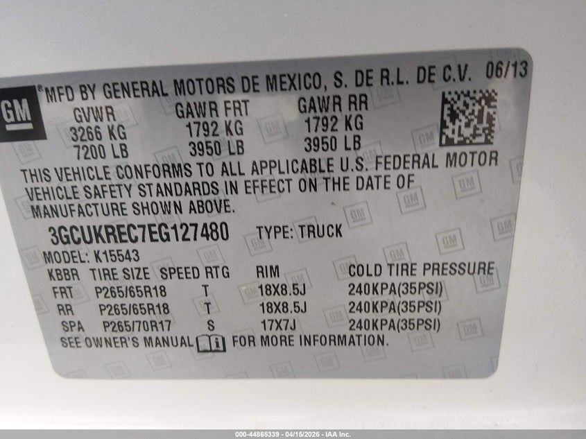 2014 Chevrolet Silverado 5.3 1500 1Lt cream Lot 111044865339 Vin 3GCUKREC7EG127480