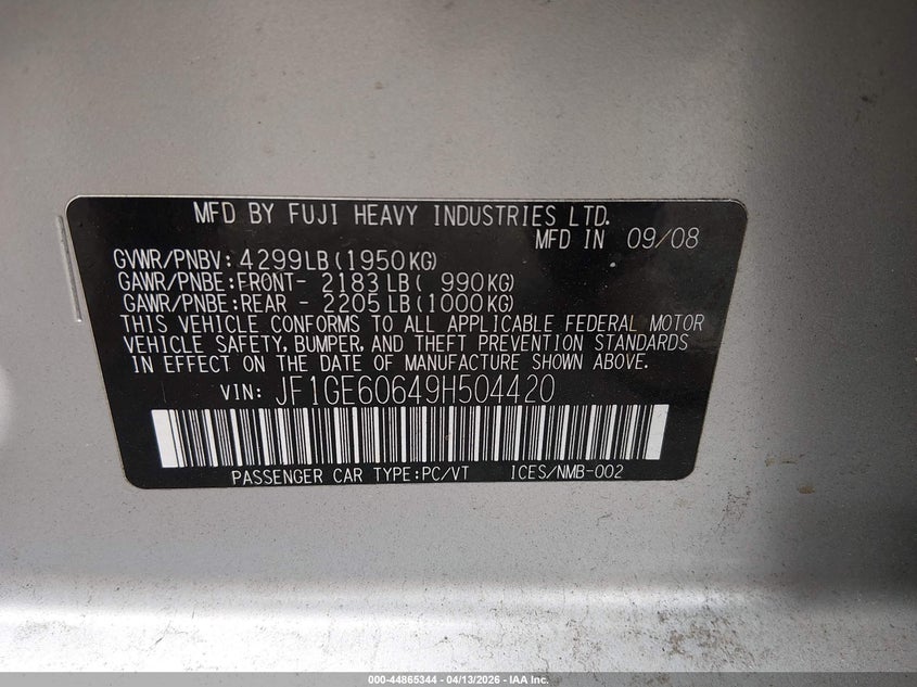 2009 Subaru Impreza 2.5I VIN: JF1GE60649H504420 Lot: 44865344