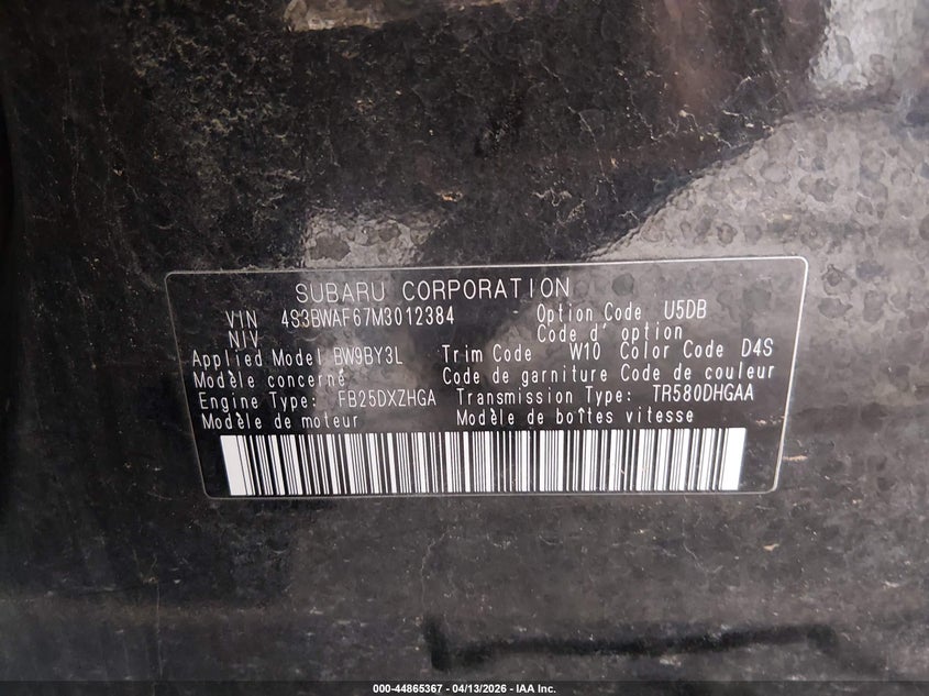 2021 Subaru Legacy Premium VIN: 4S3BWAF67M3012384 Lot: 44865367