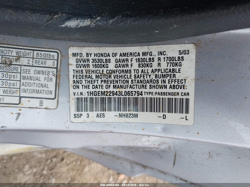 2003 Honda Civic Ex VIN: 1HGEM22943L065794 Lot: 44865384