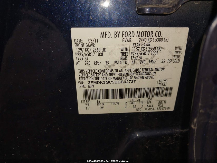 2011 Ford Edge Se VIN: 2FMDK3GC5BBB02727 Lot: 44865385