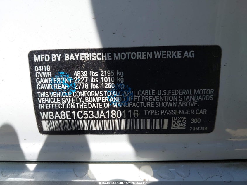 2018 BMW 330E Iperformance VIN: WBA8E1C53JA180116 Lot: 44865417