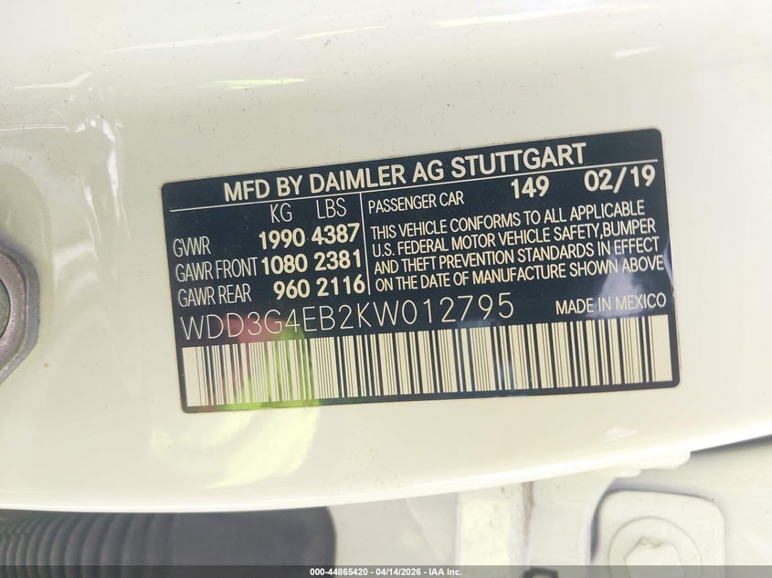 2019 Mercedes-Benz A 220 VIN: WDD3G4EB2KW012795 Lot: 44865420